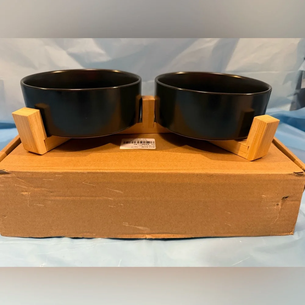 Black Ceramic Dog & Cat Bowl Set W/Wooden Stand